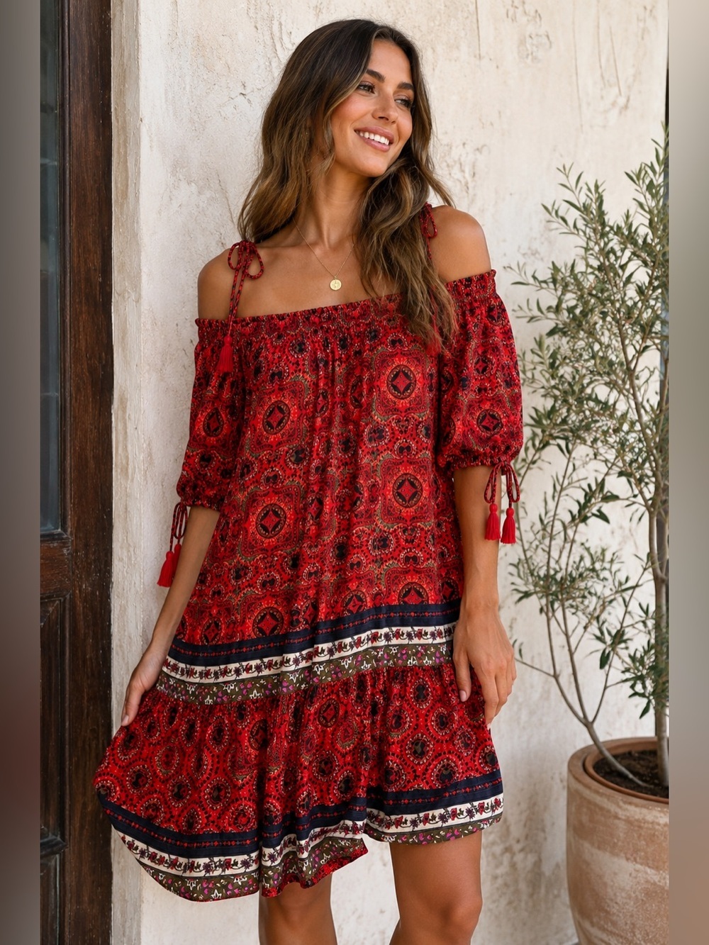 JETS Australia by Jessika Allen Boho Off Shoulder Paisley Tassel Mini Dress 10